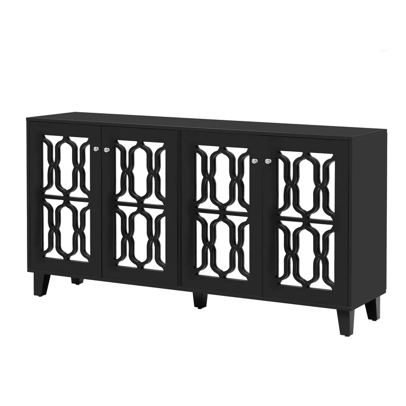 Buffet noir design 4 portes miroir motif géométrique et poignées en cristal froid 160*40*84cm VOVRATH BLACK