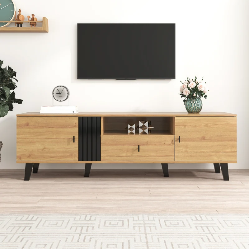 Meuble TV industriel au design bois et noir avec tiroirs diverses fonctions de rangement aspect unique L172cm VRAASTRIK