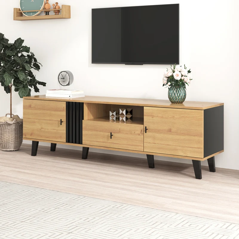 Meuble TV industriel au design bois et noir avec tiroirs diverses fonctions de rangement aspect unique L172cm VRAASTRIK
