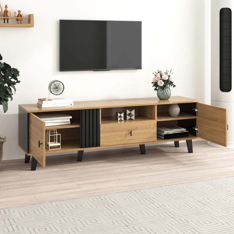 Meuble TV industriel au design bois et noir avec tiroirs diverses fonctions de rangement aspect unique L172cm VRAASTRIK