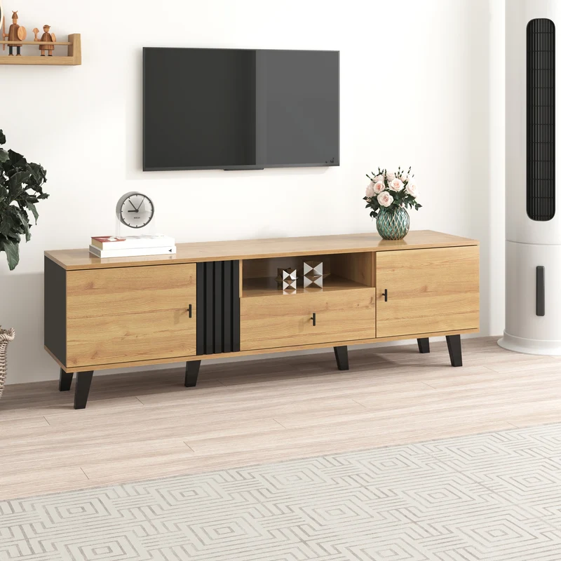 Meuble TV industriel au design bois et noir avec tiroirs diverses fonctions de rangement aspect unique L172cm VRAASTRIK