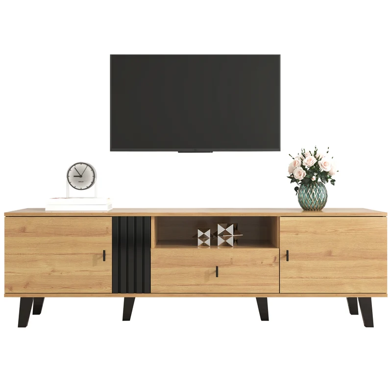 Meuble TV industriel au design bois et noir avec tiroirs diverses fonctions de rangement aspect unique L172cm VRAASTRIK