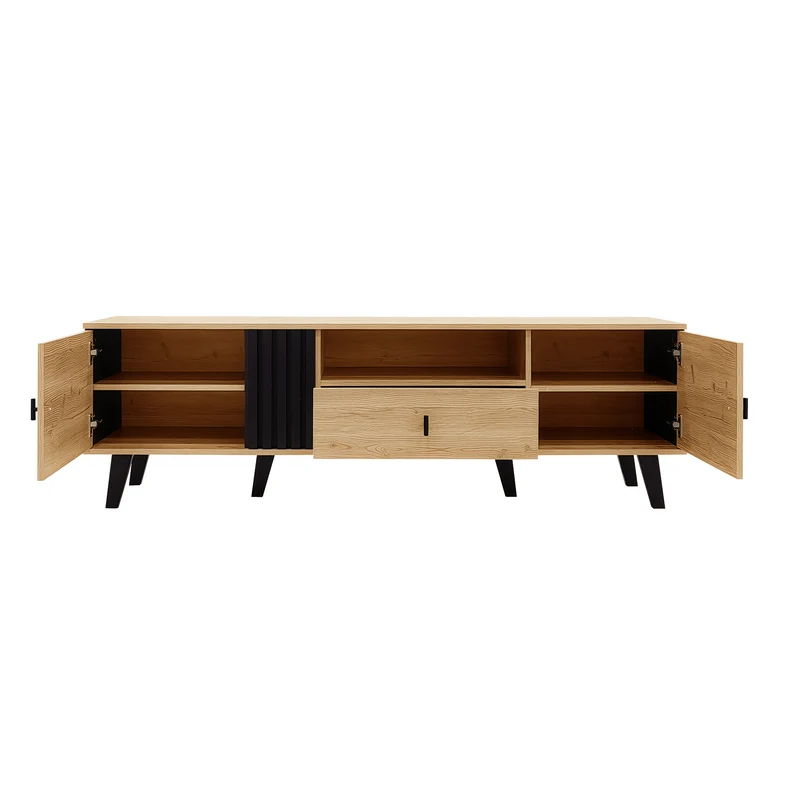 Meuble TV industriel au design bois et noir avec tiroirs diverses fonctions de rangement aspect unique L172cm VRAASTRIK