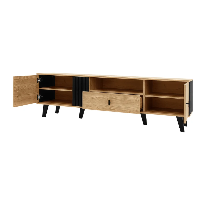 Meuble TV industriel au design bois et noir avec tiroirs diverses fonctions de rangement aspect unique L172cm VRAASTRIK