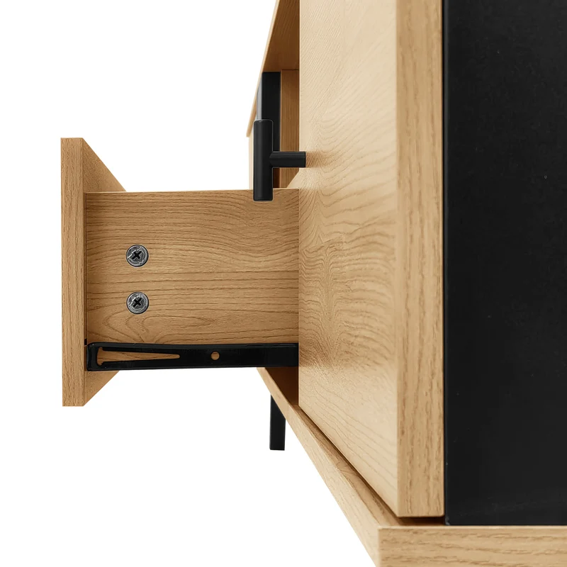 Meuble TV industriel au design bois et noir avec tiroirs diverses fonctions de rangement aspect unique L172cm VRAASTRIK