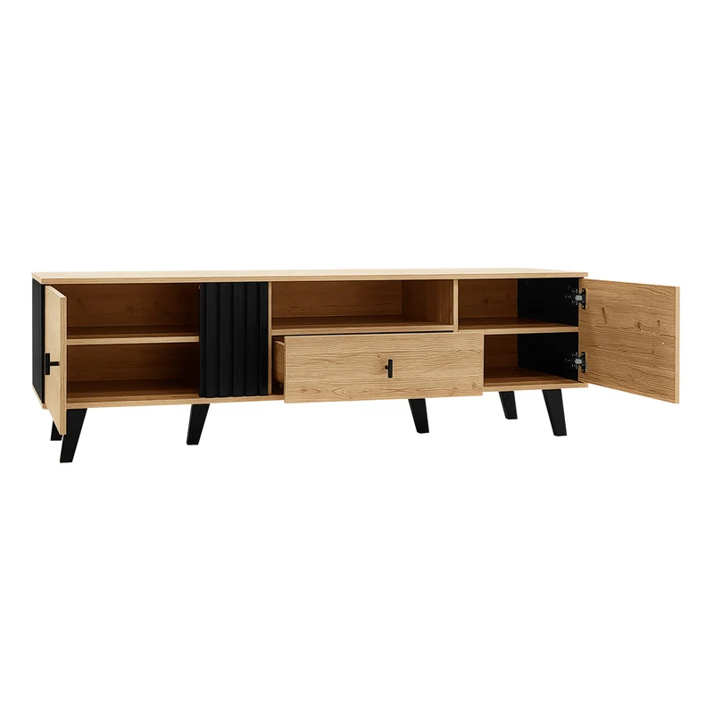 Meuble TV industriel au design bois et noir avec tiroirs diverses fonctions de rangement aspect unique L172cm VRAASTRIK