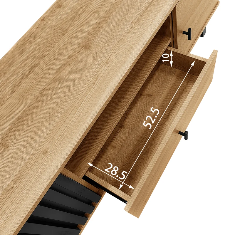 Meuble TV industriel au design bois et noir avec tiroirs diverses fonctions de rangement aspect unique L172cm VRAASTRIK