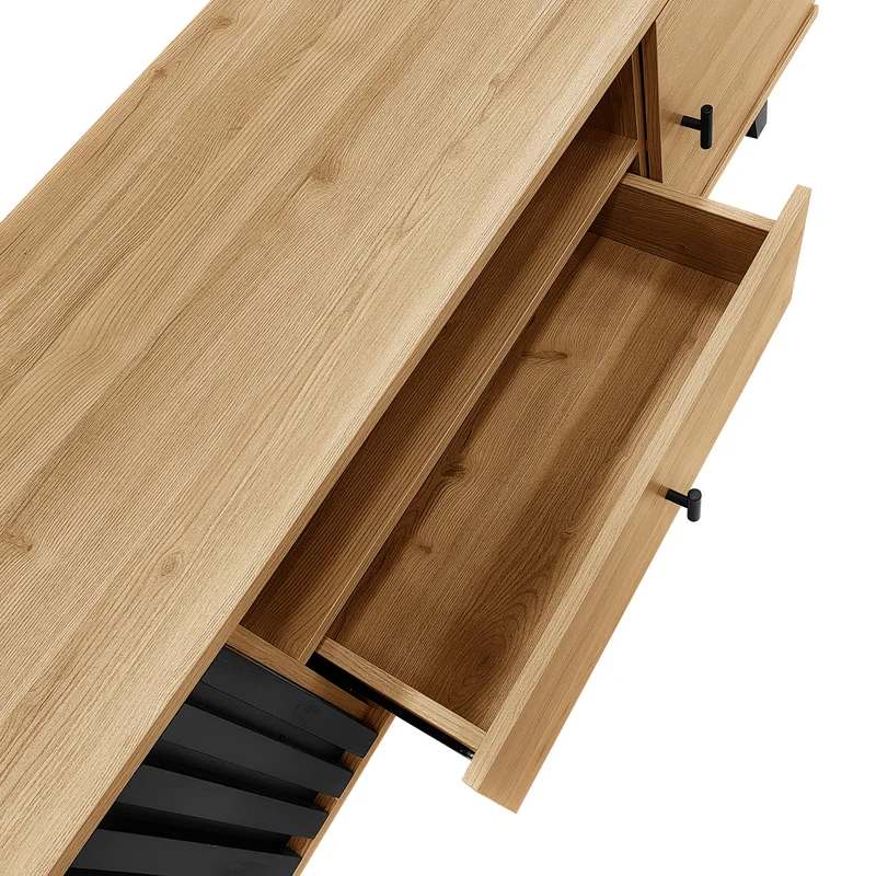 Meuble TV industriel au design bois et noir avec tiroirs diverses fonctions de rangement aspect unique L172cm VRAASTRIK