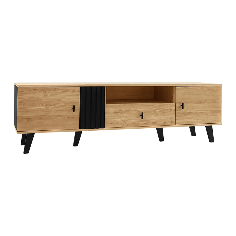 Meuble TV industriel au design bois et noir avec tiroirs diverses fonctions de rangement aspect unique L172cm VRAASTRIK