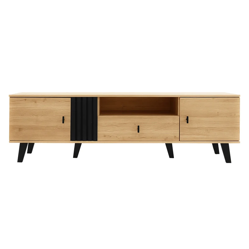 Meuble TV industriel au design bois et noir avec tiroirs diverses fonctions de rangement aspect unique L172cm VRAASTRIK