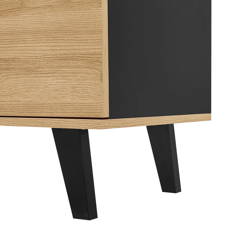 Meuble TV industriel au design bois et noir avec tiroirs diverses fonctions de rangement aspect unique L172cm VRAASTRIK