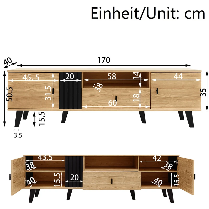 Meuble TV industriel au design bois et noir avec tiroirs diverses fonctions de rangement aspect unique L172cm VRAASTRIK