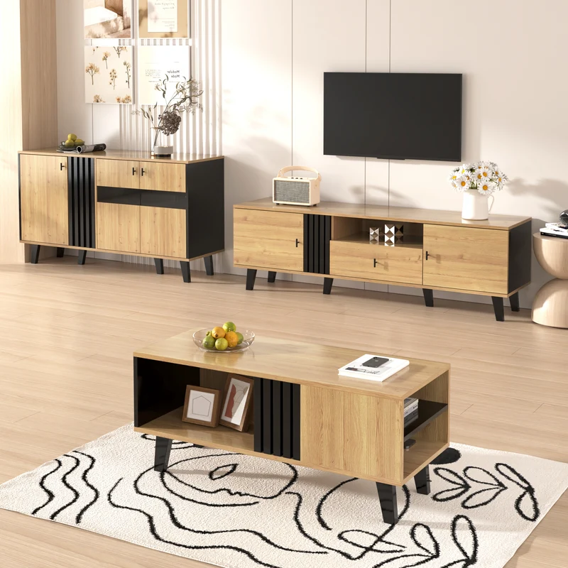 Meuble TV industriel au design bois et noir avec tiroirs diverses fonctions de rangement aspect unique L172cm VRAASTRIK