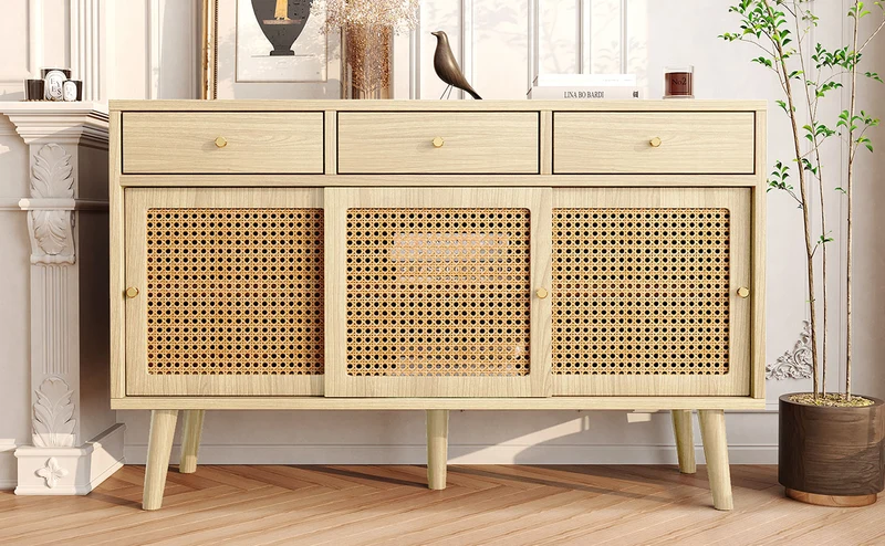 Buffet style naturelle avec 3 tiroirs et 3 portes coulissantes tissage rotin 120x40x78cm DENNOR