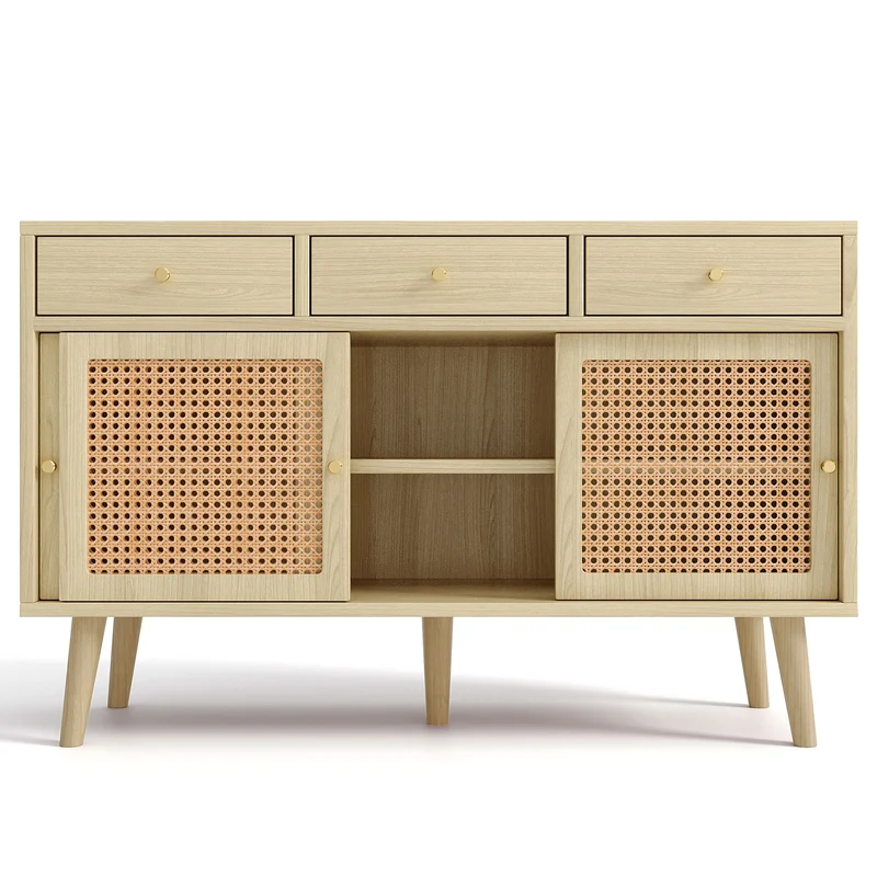 Buffet style naturelle avec 3 tiroirs et 3 portes coulissantes tissage rotin 120x40x78cm DENNOR