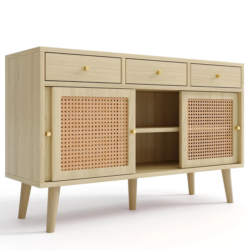 Buffet style naturelle avec 3 tiroirs et 3 portes coulissantes tissage rotin 120x40x78cm DENNOR