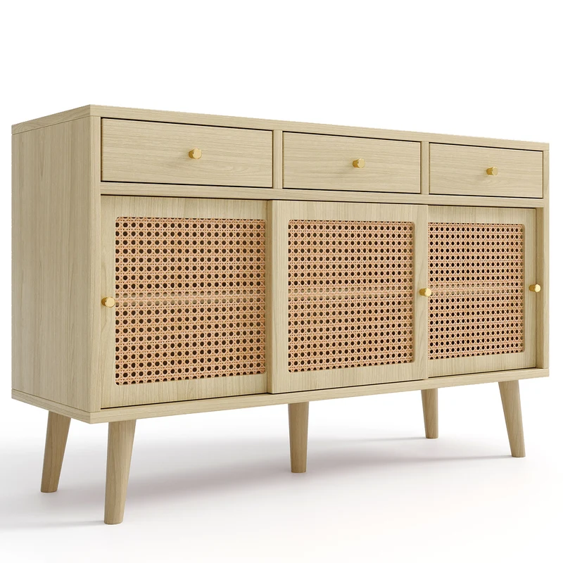 Buffet style naturelle avec 3 tiroirs et 3 portes coulissantes tissage rotin 120x40x78cm DENNOR