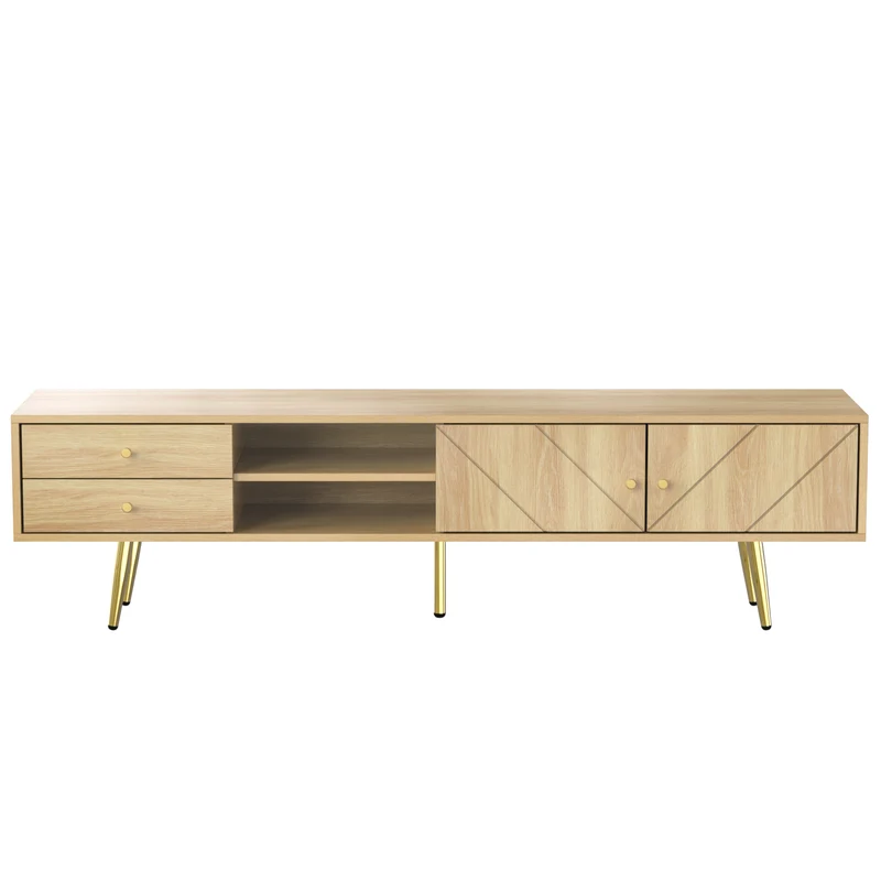 Meuble TV effet bois naturel portes rainurés, et accents dorés HUMUX