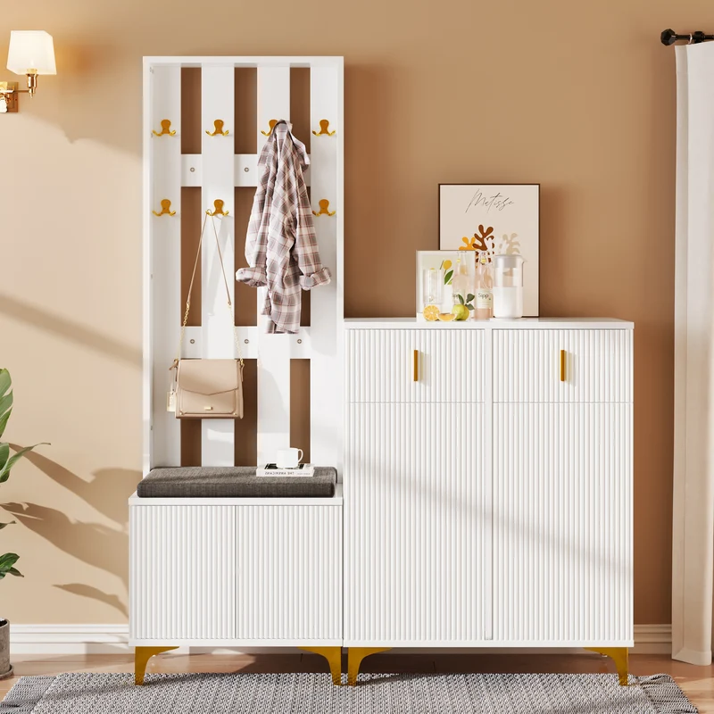 Vestiaires à l'entrée et meuble à chaussures avec banc et coussins, 2 tiroirs et 4 portes SCROCON