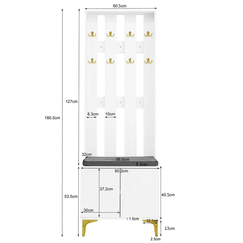 Vestiaires à l'entrée et meuble à chaussures avec banc et coussins, 2 tiroirs et 4 portes SCROCON