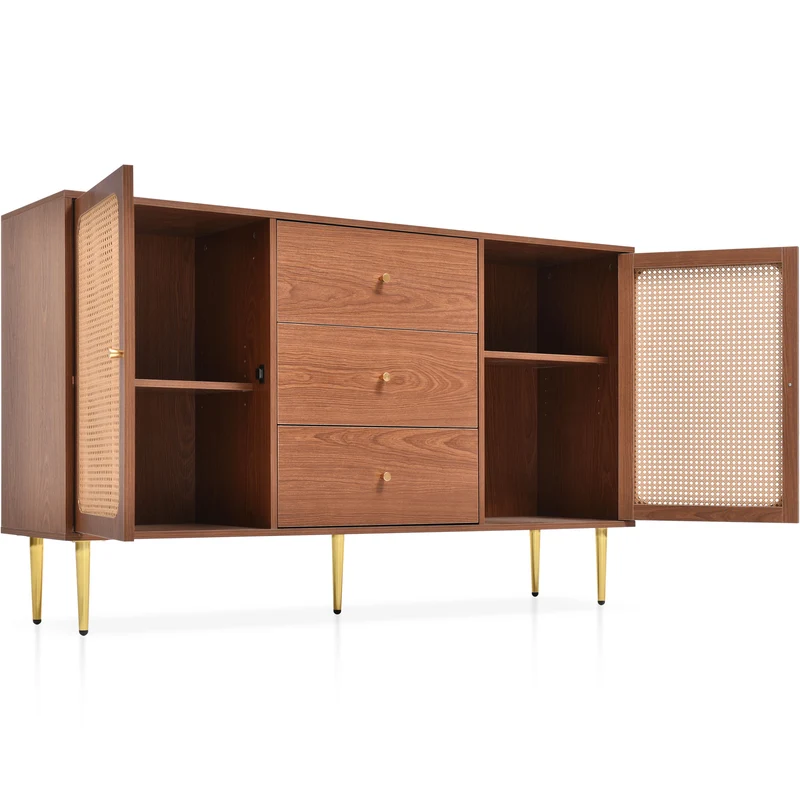 Buffet effet bois noyer avec 2 portes et 3 tiroirs en rotin pieds et poignées dorées 150*90*40cm URNO