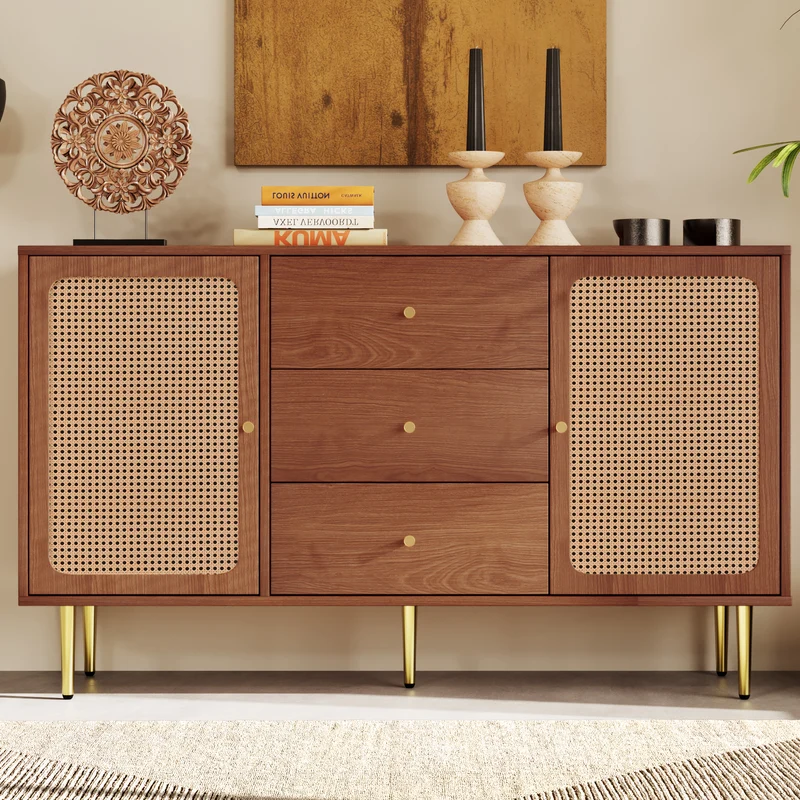 Buffet effet bois noyer avec 2 portes et 3 tiroirs en rotin pieds et poignées dorées 150*90*40cm URNO