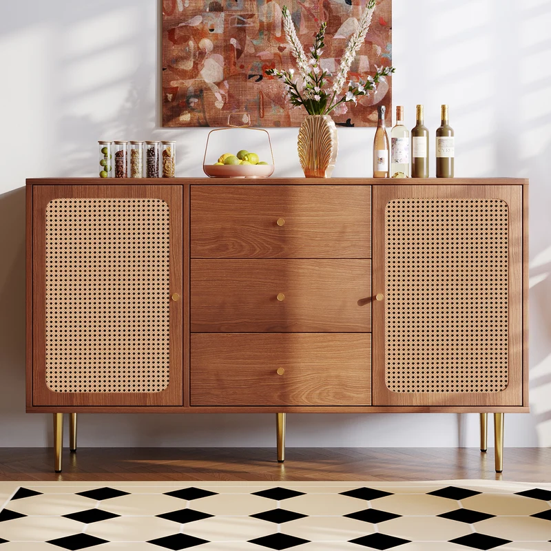 Buffet effet bois noyer avec 2 portes et 3 tiroirs en rotin pieds et poignées dorées 150*90*40cm URNO