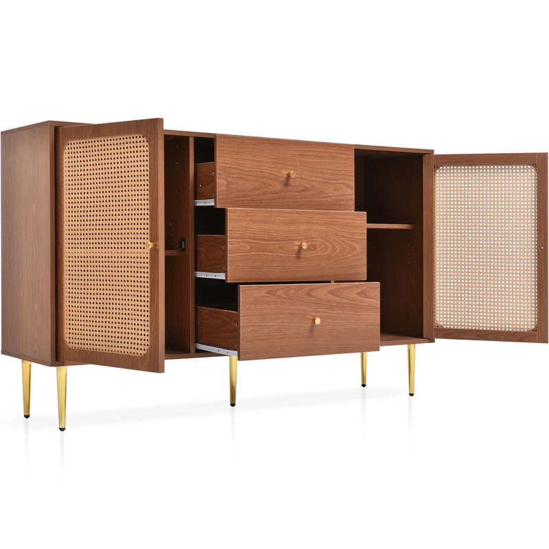 Buffet effet bois noyer avec 2 portes et 3 tiroirs en rotin pieds et poignées dorées 150*90*40cm URNO