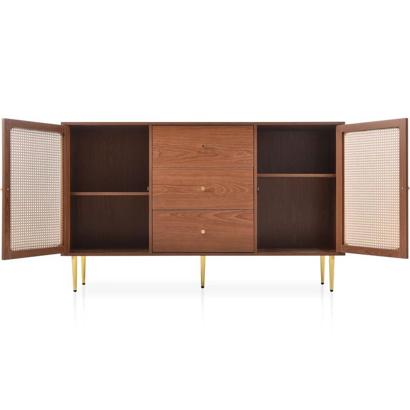 Buffet effet bois noyer avec 2 portes et 3 tiroirs en rotin pieds et poignées dorées 150*90*40cm URNO