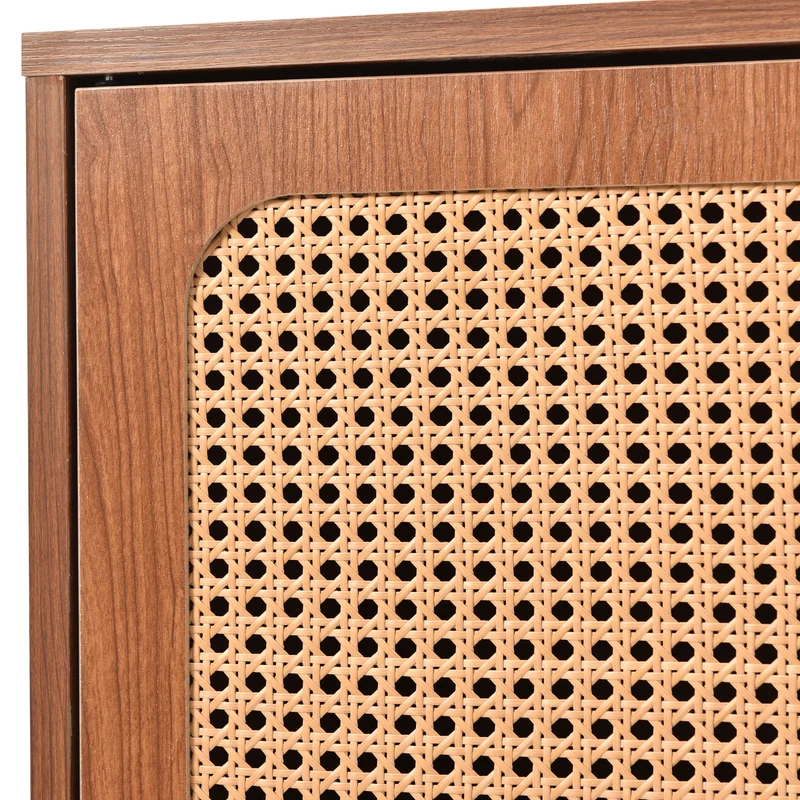 Buffet effet bois noyer avec 2 portes et 3 tiroirs en rotin pieds et poignées dorées 150*90*40cm URNO