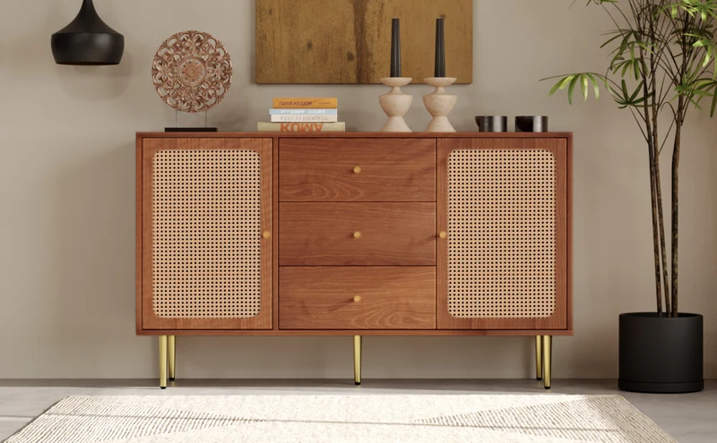 Buffet effet bois noyer avec 2 portes et 3 tiroirs en rotin pieds et poignées dorées 150*90*40cm URNO