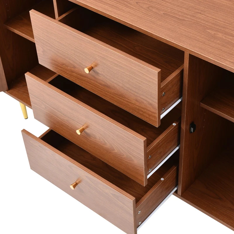 Buffet effet bois noyer avec 2 portes et 3 tiroirs en rotin pieds et poignées dorées 150*90*40cm URNO