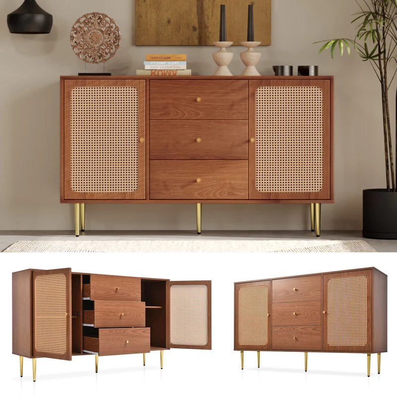 Buffet effet bois noyer avec 2 portes et 3 tiroirs en rotin pieds et poignées dorées 150*90*40cm URNO