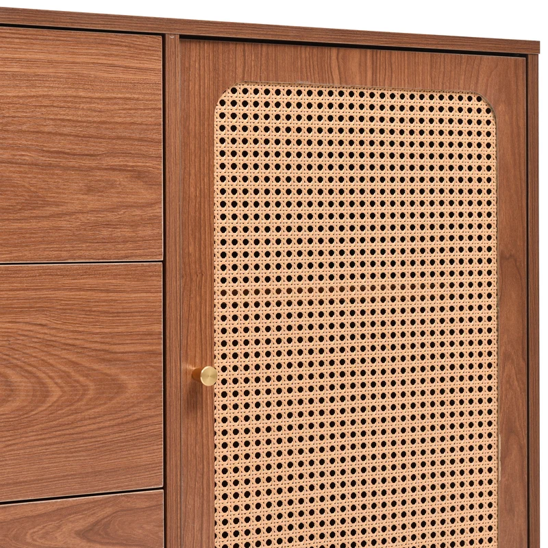Buffet effet bois noyer avec 2 portes et 3 tiroirs en rotin pieds et poignées dorées 150*90*40cm URNO