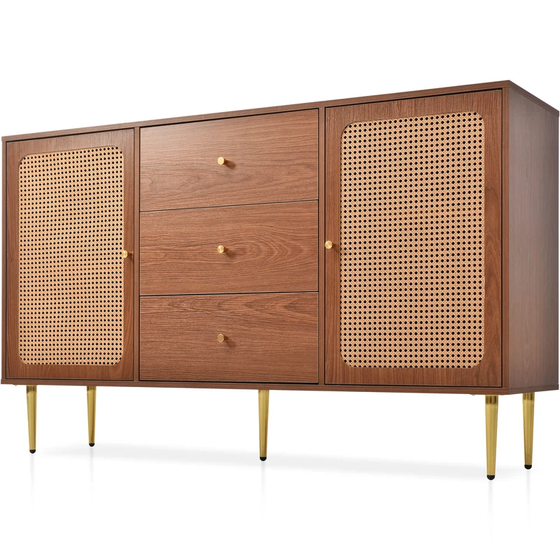 Buffet effet bois noyer avec 2 portes et 3 tiroirs en rotin pieds et poignées dorées 150*90*40cm URNO