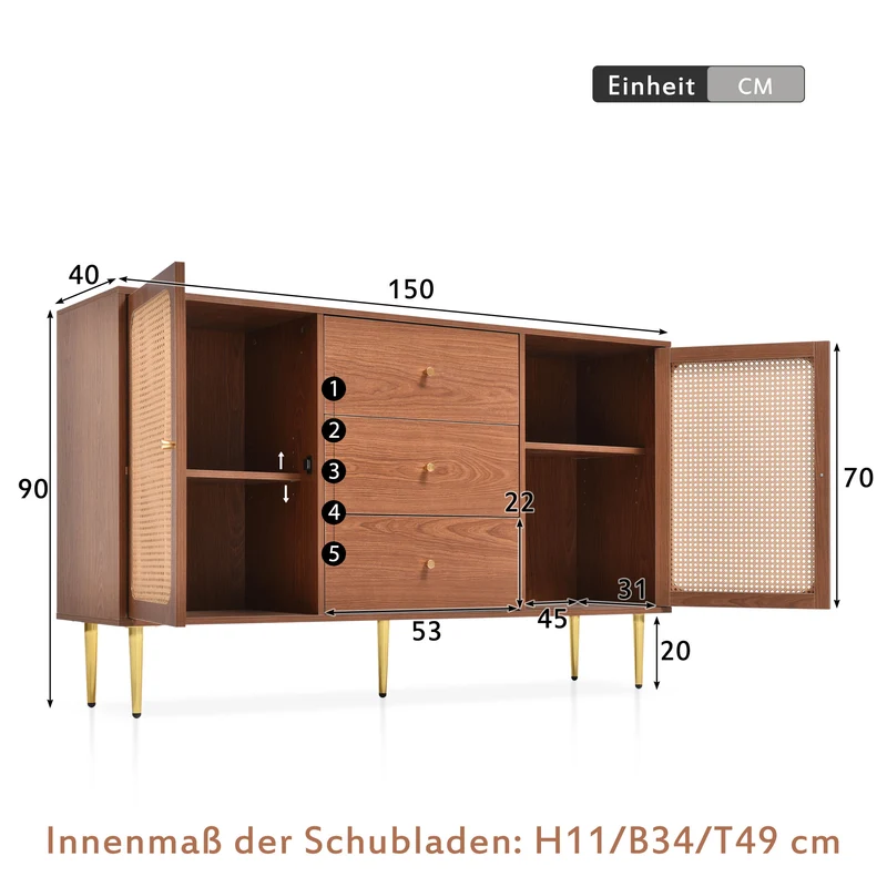 Buffet effet bois noyer avec 2 portes et 3 tiroirs en rotin pieds et poignées dorées 150*90*40cm URNO