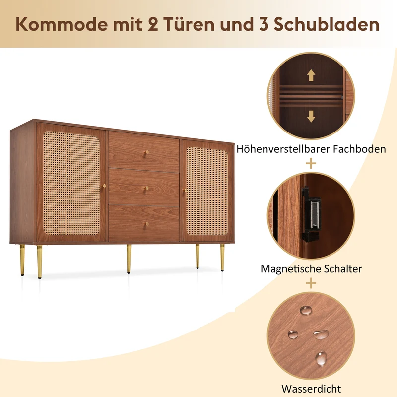 Buffet effet bois noyer avec 2 portes et 3 tiroirs en rotin pieds et poignées dorées 150*90*40cm URNO