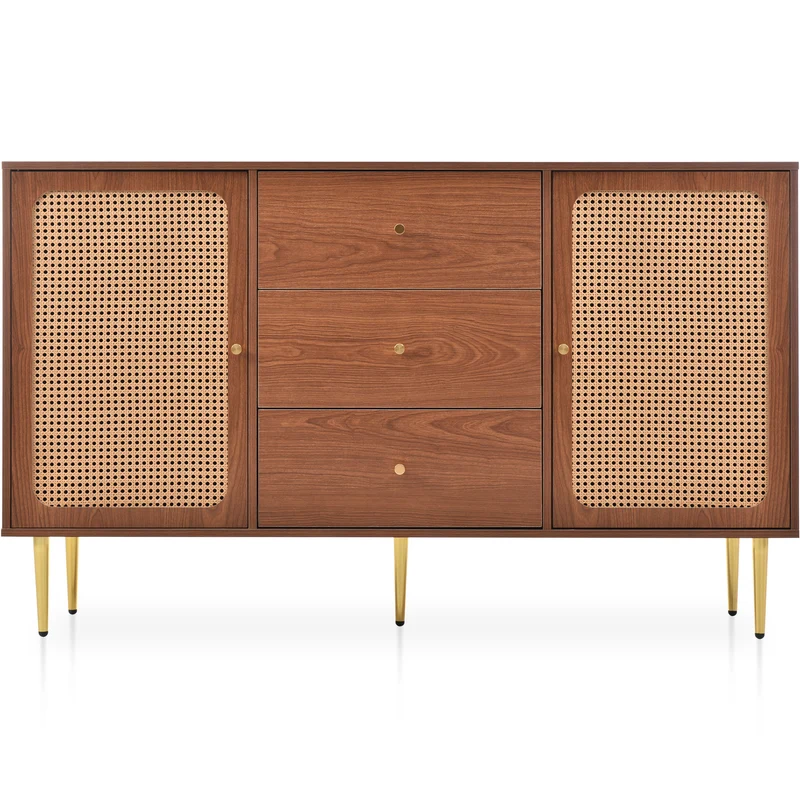 Buffet effet bois noyer avec 2 portes et 3 tiroirs en rotin pieds et poignées dorées 150*90*40cm URNO