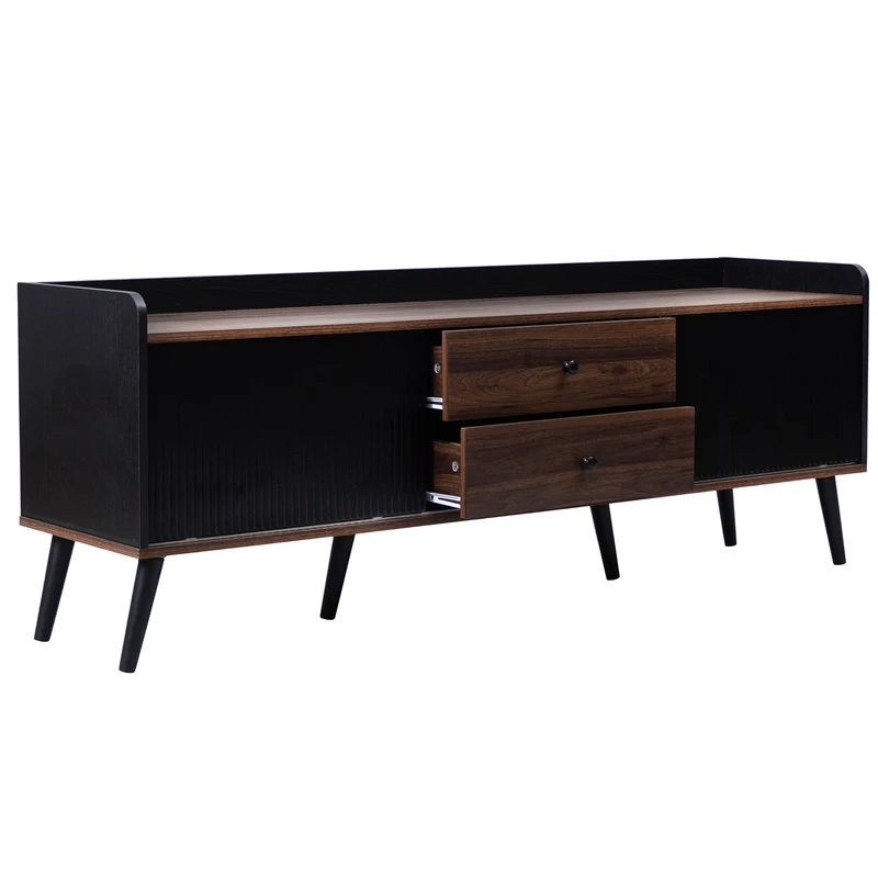 Meuble TV effet bois et noir avec 2 tiroirs au central et 2 portes coulissantes H58/L160/P40cm UNGRUDS
