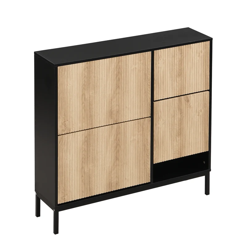 Meuble à chaussures effet bois et noir avec tabouret à langer, trois portes rabats adapté au couloir XALGUTS