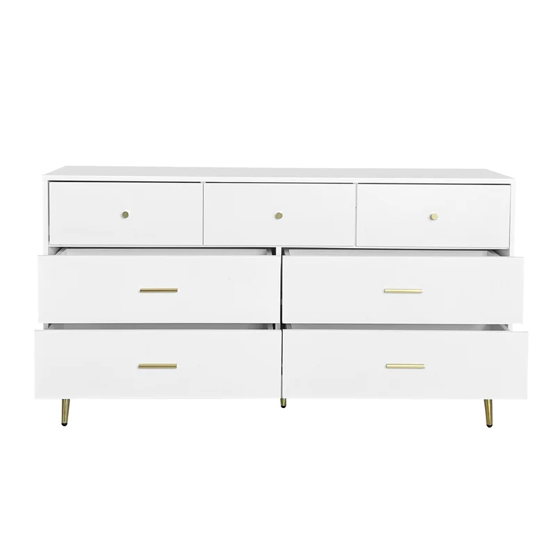 Buffet commode blanc 7 tiroirs poignées et pieds dorées STESQEKS