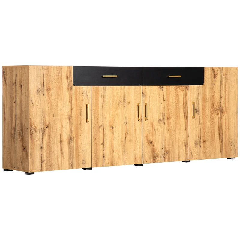 Buffet effet bois et noir 4 portes 2 tiroirs poignées dorés 208x39,5x80cm HERNON
