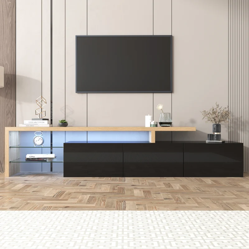 Design de meuble TV moderne noir brillant aspect bois éclairage LED avec 3 portes battantes et étagères en verre rangement NIKRID