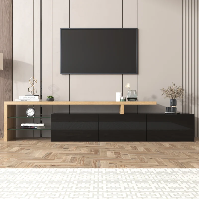 Design de meuble TV moderne noir brillant aspect bois éclairage LED avec 3 portes battantes et étagères en verre rangement NIKRID