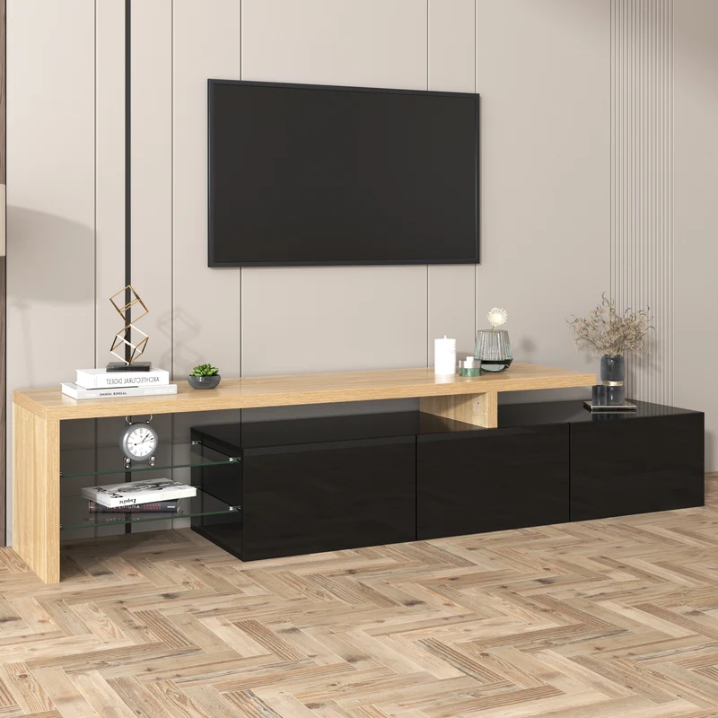 Design de meuble TV moderne noir brillant aspect bois éclairage LED avec 3 portes battantes et étagères en verre rangement NIKRID
