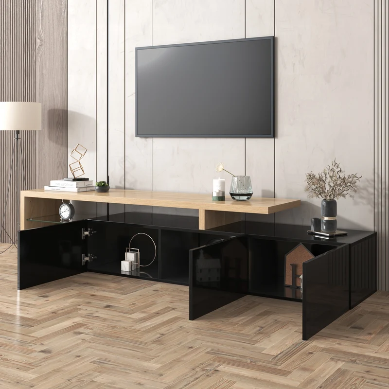 Design de meuble TV moderne noir brillant aspect bois éclairage LED avec 3 portes battantes et étagères en verre rangement NIKRID