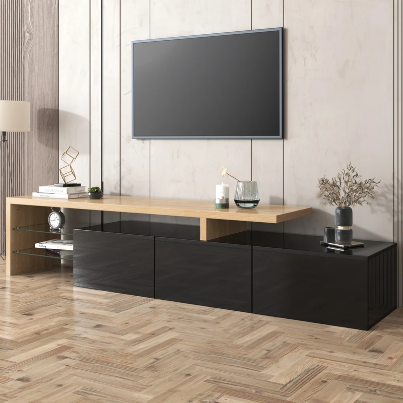 Design de meuble TV moderne noir brillant aspect bois éclairage LED avec 3 portes battantes et étagères en verre rangement NIKRID