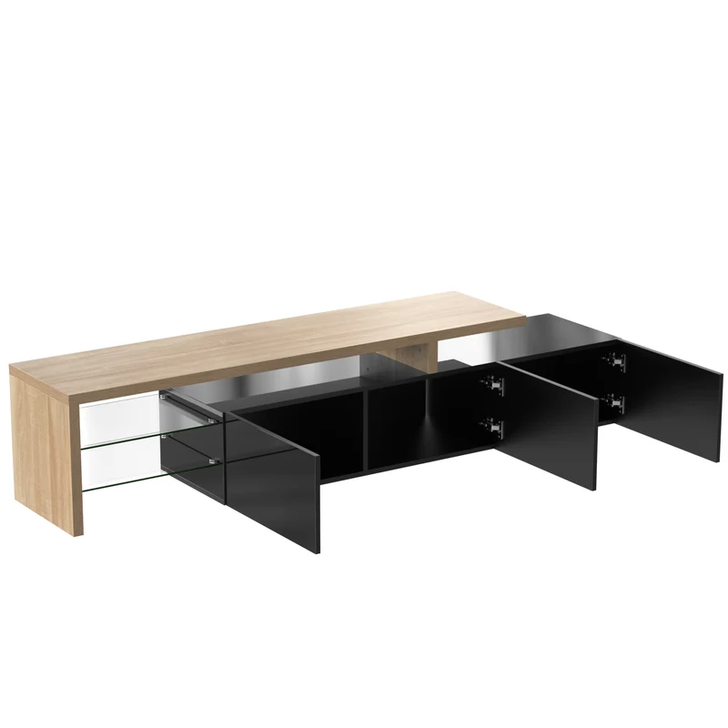 Design de meuble TV moderne noir brillant aspect bois éclairage LED avec 3 portes battantes et étagères en verre rangement NIKRID