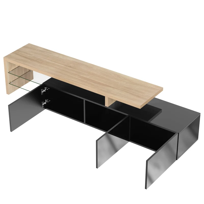 Design de meuble TV moderne noir brillant aspect bois éclairage LED avec 3 portes battantes et étagères en verre rangement NIKRID