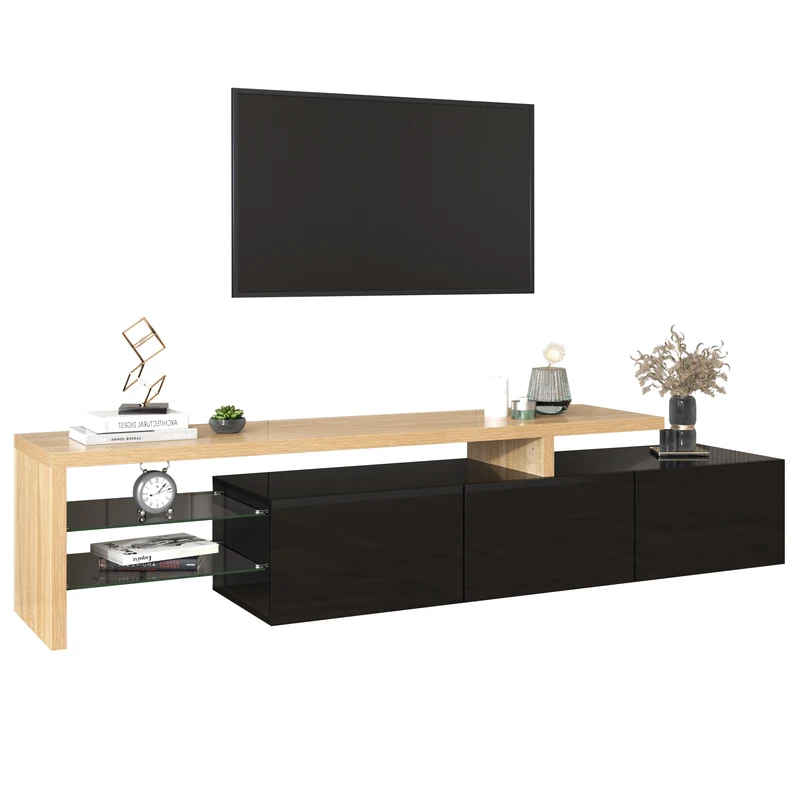Design de meuble TV moderne noir brillant aspect bois éclairage LED avec 3 portes battantes et étagères en verre rangement NIKRID